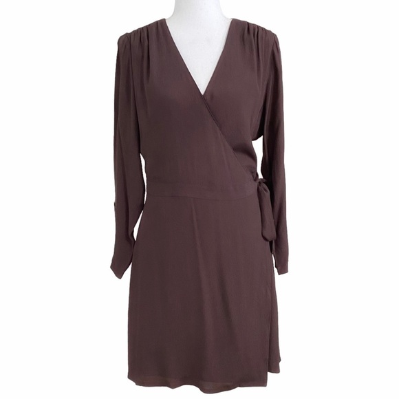 FRANK AND OAK THE WRAP BELTED MINI DRESS IN CHOCOLATE SHIMMER BROWN - S - Picture 2 of 12